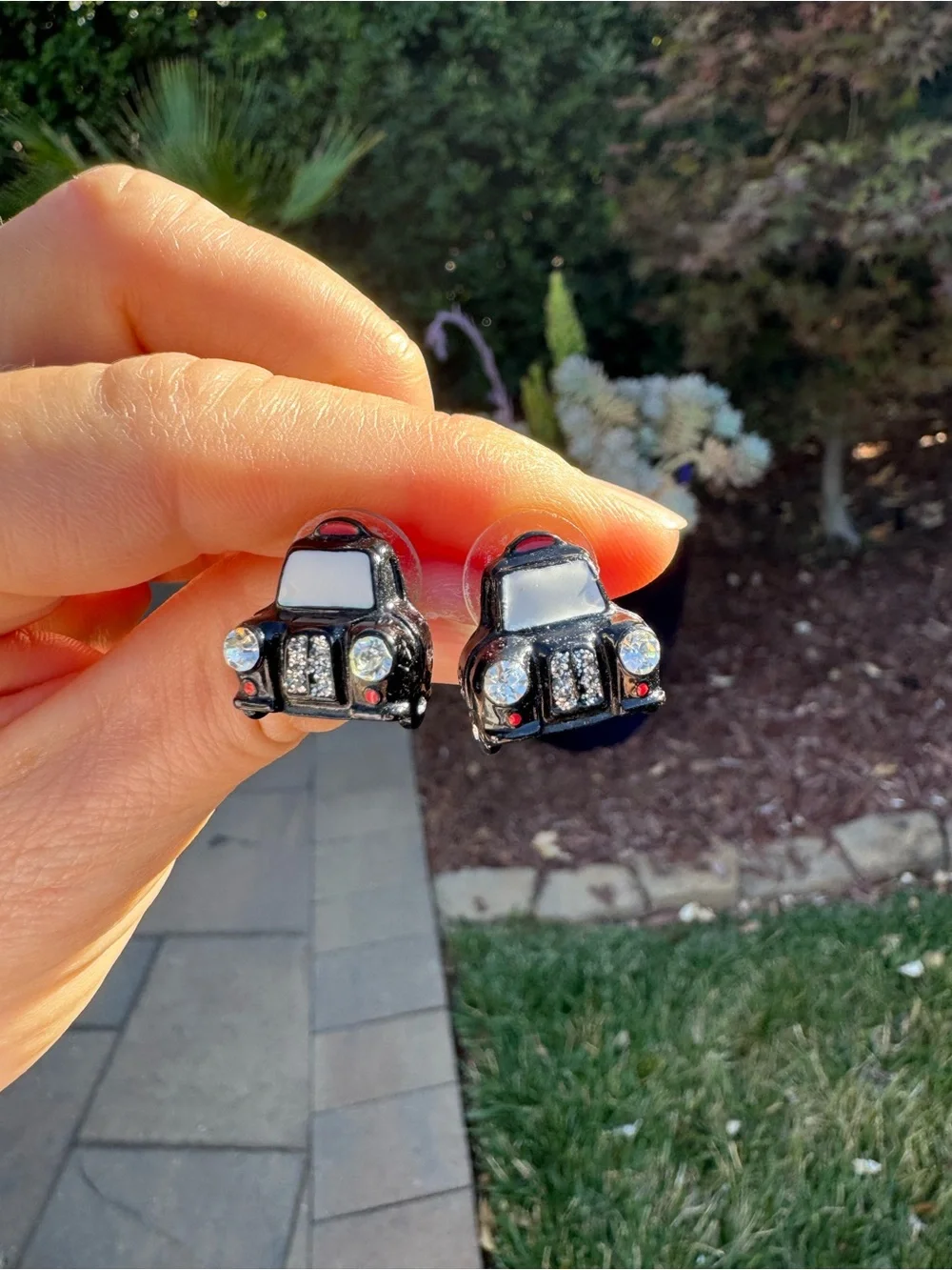 Betsy Johnson Black Car Stud Earrings with Crystal Accents
